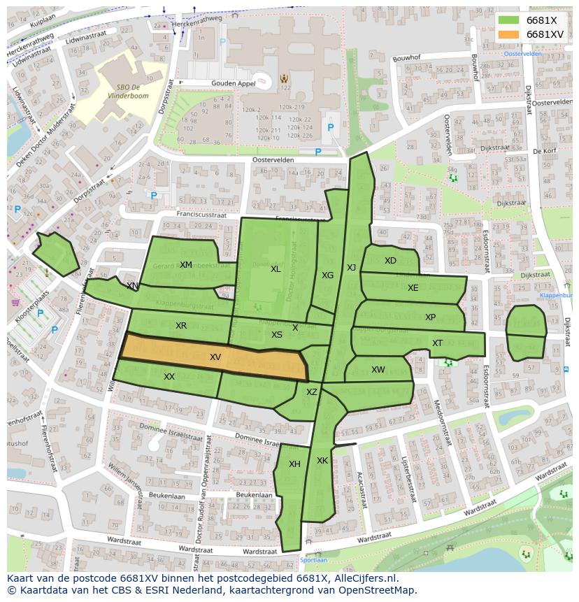 Afbeelding van het postcodegebied 6681 XV op de kaart.