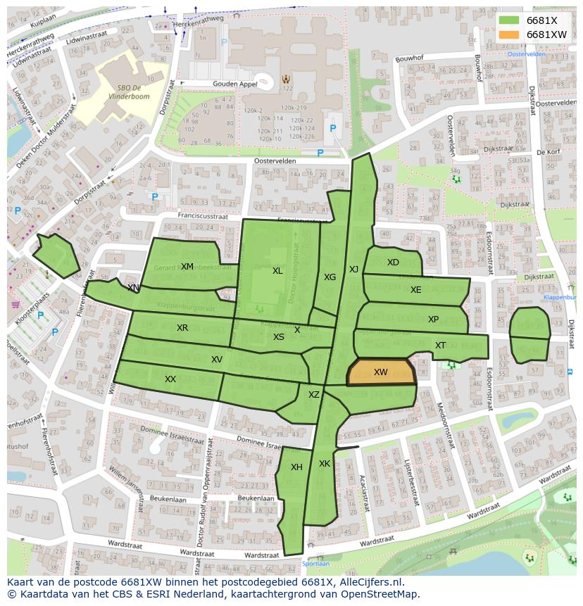 Afbeelding van het postcodegebied 6681 XW op de kaart.