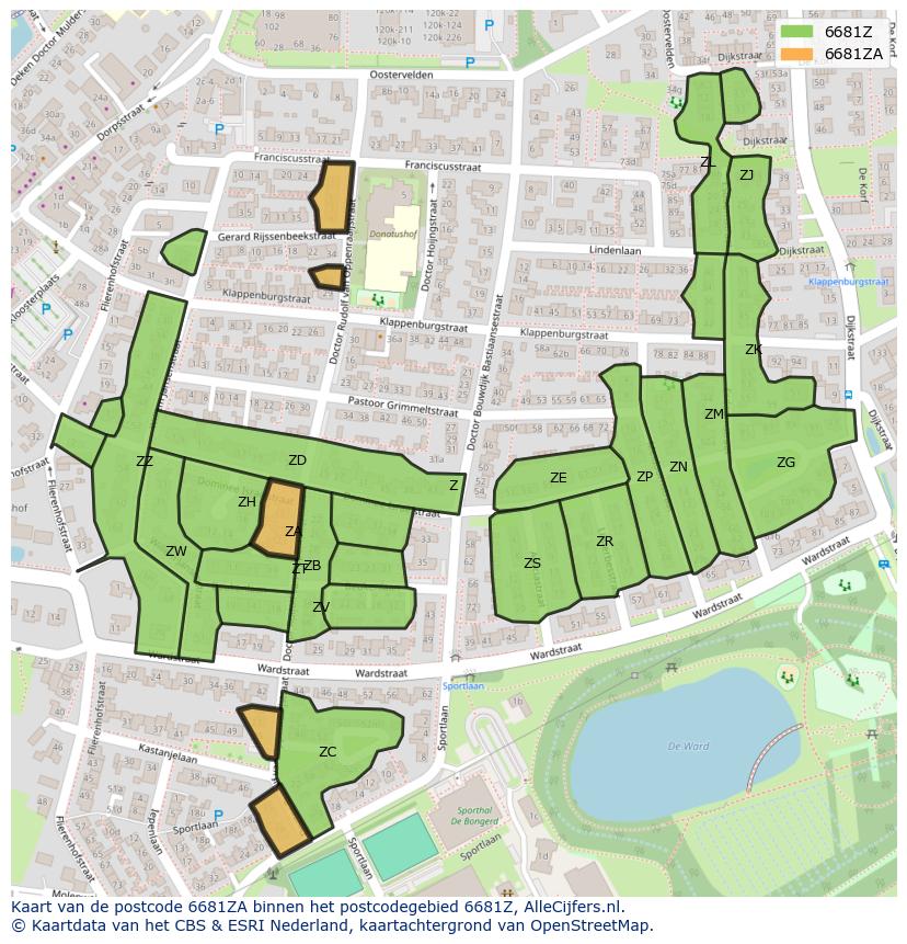 Afbeelding van het postcodegebied 6681 ZA op de kaart.