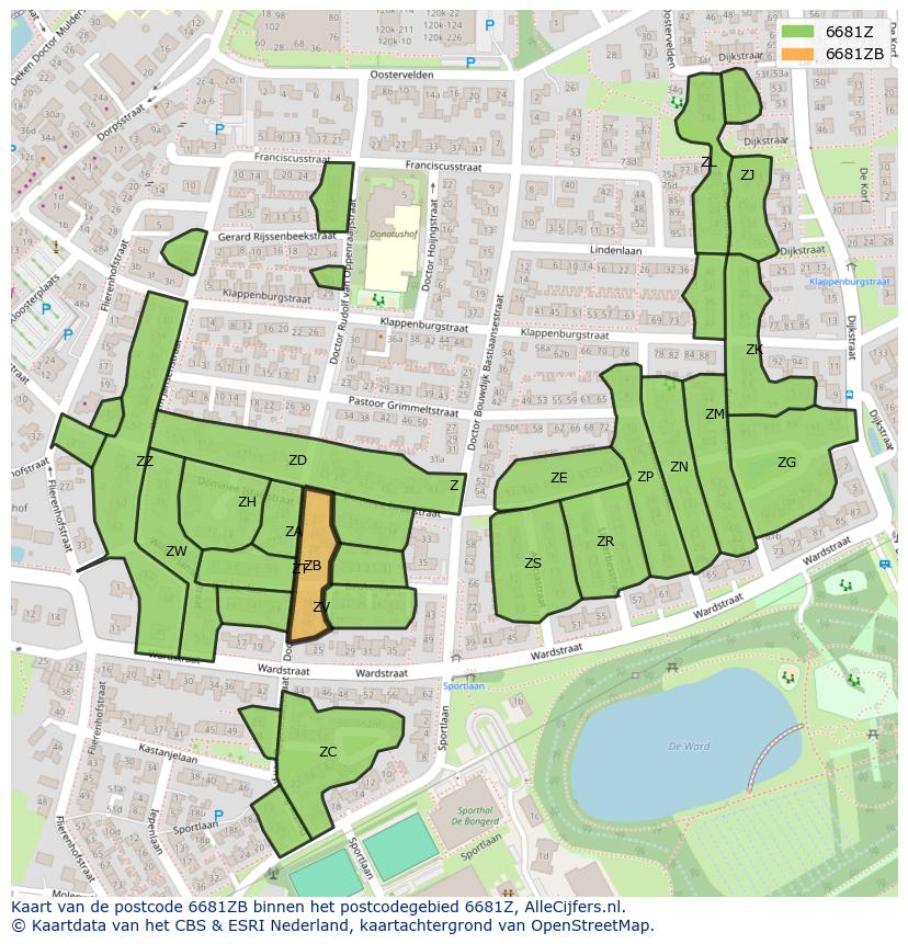 Afbeelding van het postcodegebied 6681 ZB op de kaart.