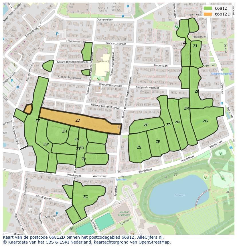 Afbeelding van het postcodegebied 6681 ZD op de kaart.