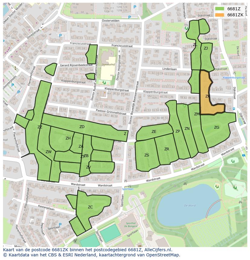 Afbeelding van het postcodegebied 6681 ZK op de kaart.