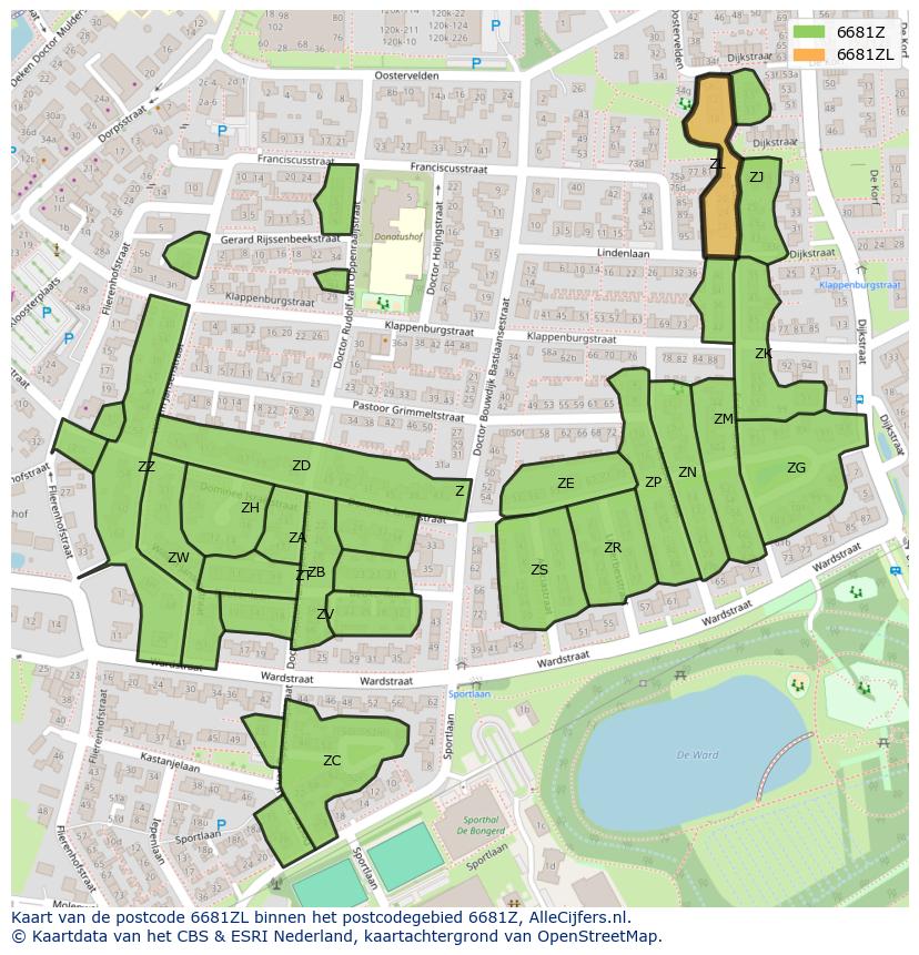 Afbeelding van het postcodegebied 6681 ZL op de kaart.