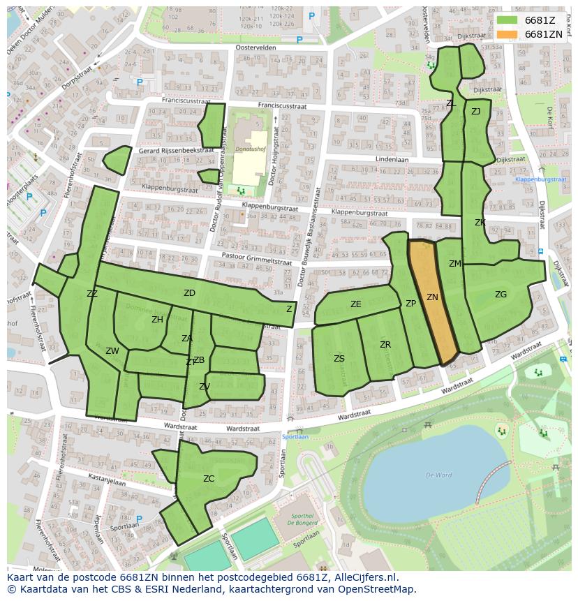 Afbeelding van het postcodegebied 6681 ZN op de kaart.