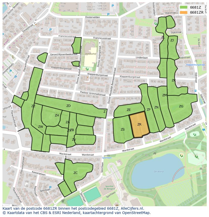 Afbeelding van het postcodegebied 6681 ZR op de kaart.