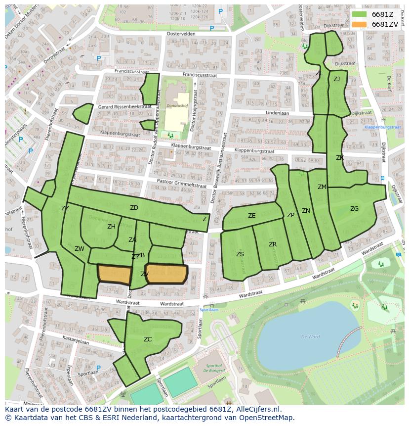 Afbeelding van het postcodegebied 6681 ZV op de kaart.