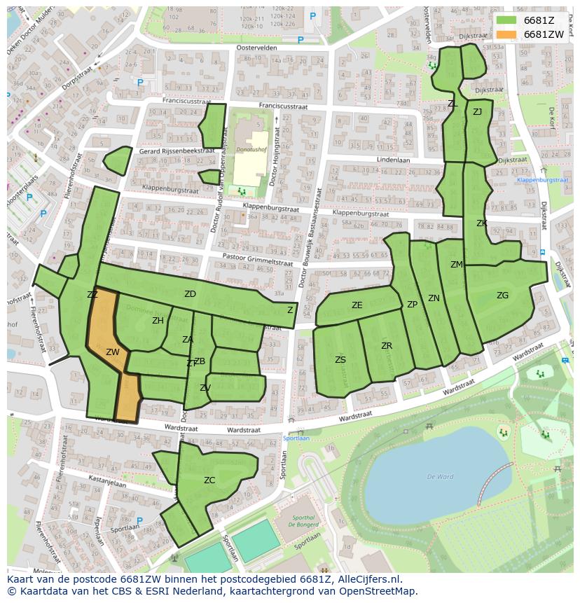 Afbeelding van het postcodegebied 6681 ZW op de kaart.