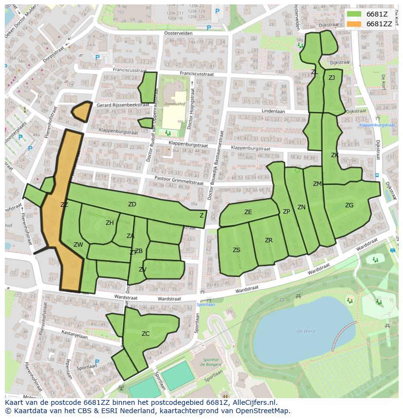 Afbeelding van het postcodegebied 6681 ZZ op de kaart.