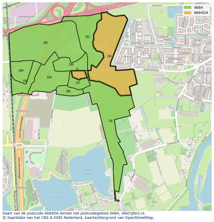 Afbeelding van het postcodegebied 6684 DA op de kaart.