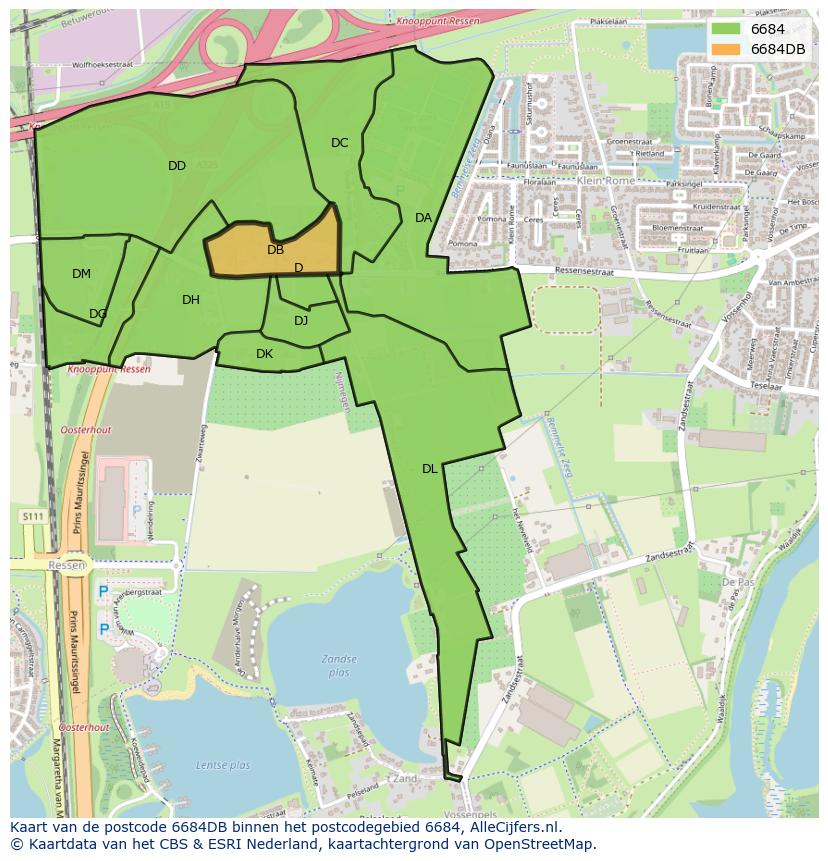 Afbeelding van het postcodegebied 6684 DB op de kaart.