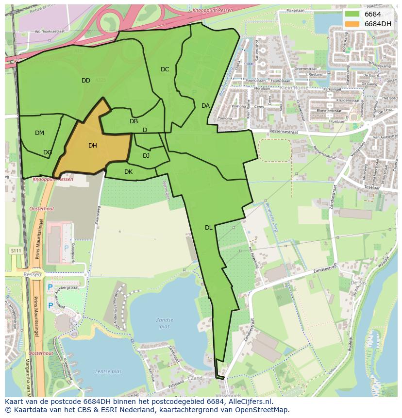 Afbeelding van het postcodegebied 6684 DH op de kaart.