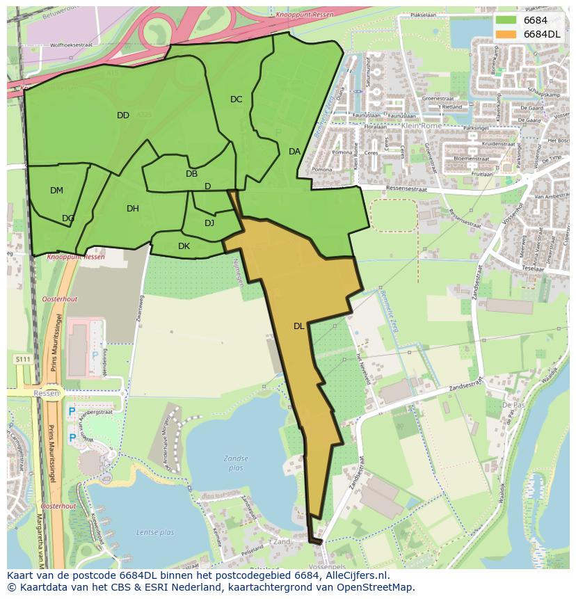 Afbeelding van het postcodegebied 6684 DL op de kaart.