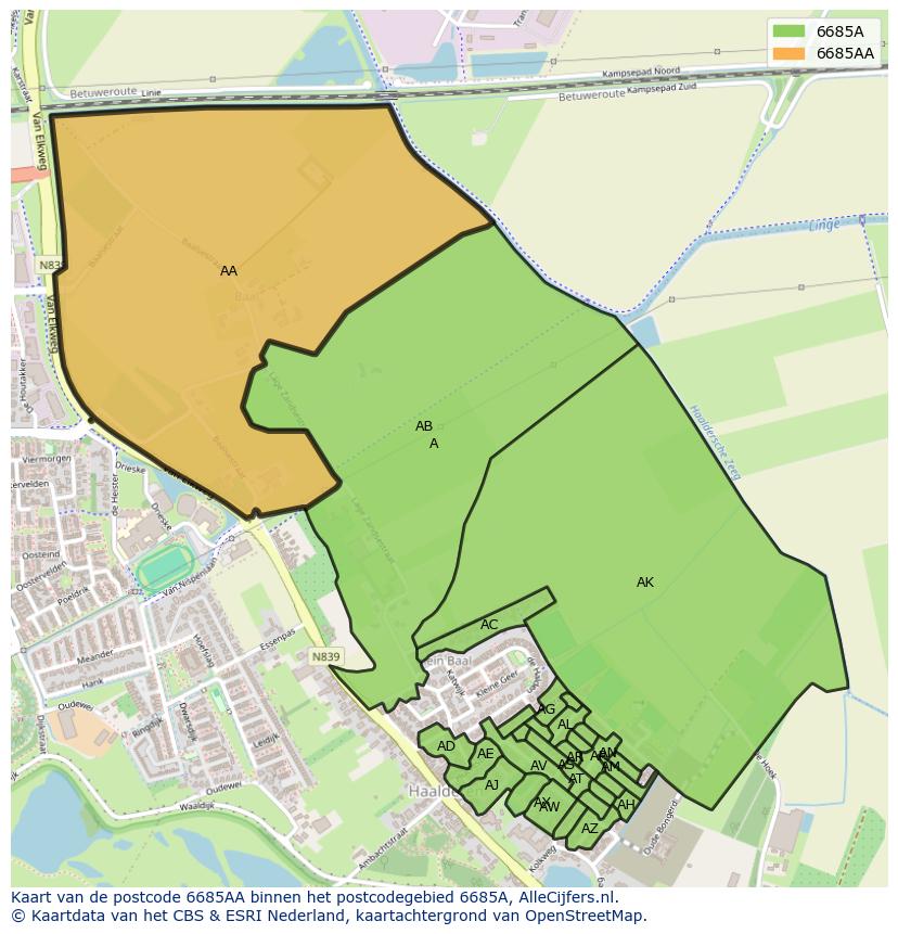 Afbeelding van het postcodegebied 6685 AA op de kaart.