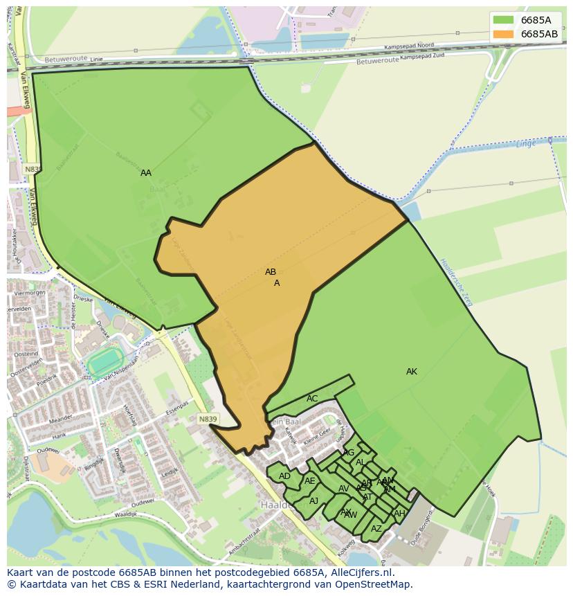 Afbeelding van het postcodegebied 6685 AB op de kaart.