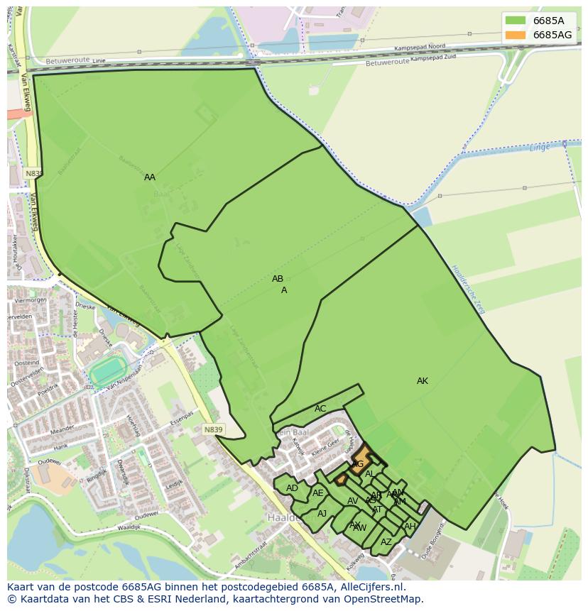 Afbeelding van het postcodegebied 6685 AG op de kaart.