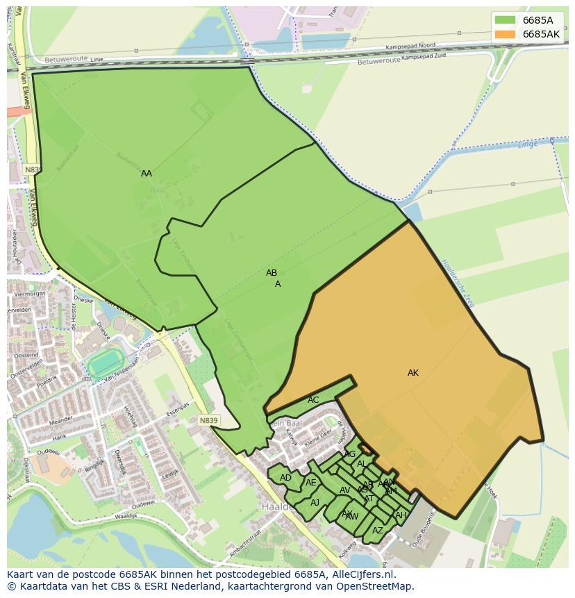 Afbeelding van het postcodegebied 6685 AK op de kaart.