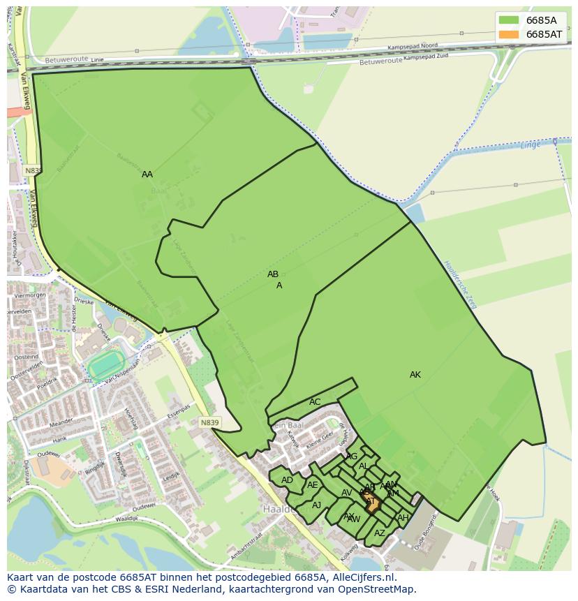 Afbeelding van het postcodegebied 6685 AT op de kaart.