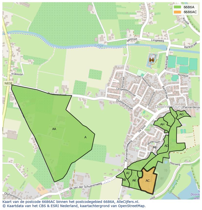 Afbeelding van het postcodegebied 6686 AC op de kaart.