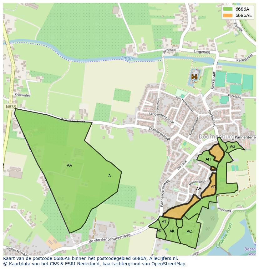 Afbeelding van het postcodegebied 6686 AE op de kaart.