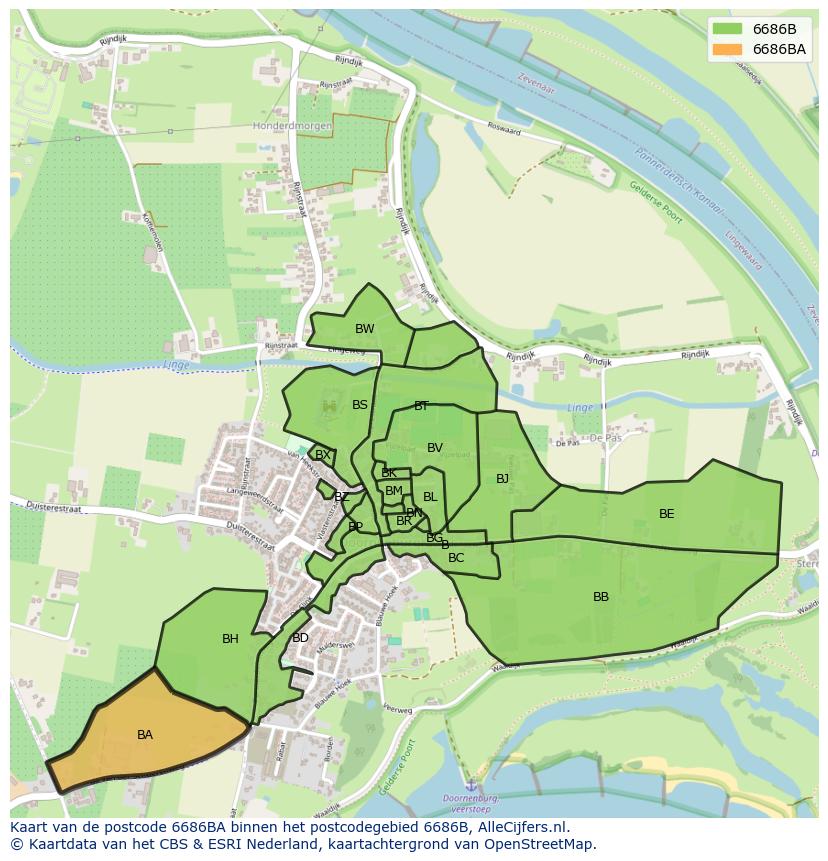 Afbeelding van het postcodegebied 6686 BA op de kaart.
