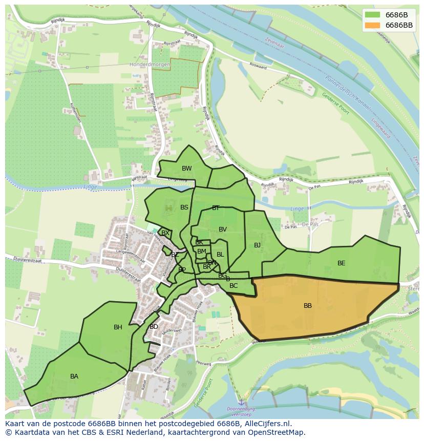 Afbeelding van het postcodegebied 6686 BB op de kaart.