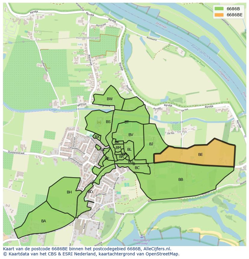 Afbeelding van het postcodegebied 6686 BE op de kaart.