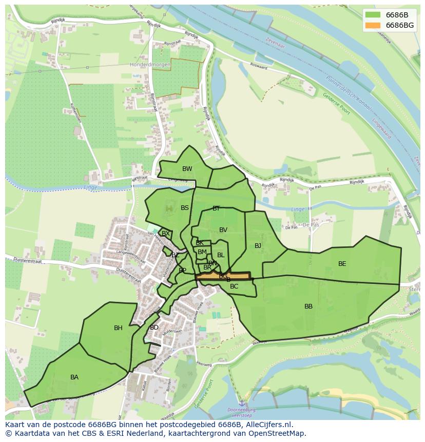 Afbeelding van het postcodegebied 6686 BG op de kaart.