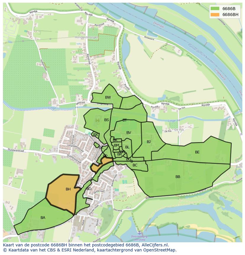 Afbeelding van het postcodegebied 6686 BH op de kaart.