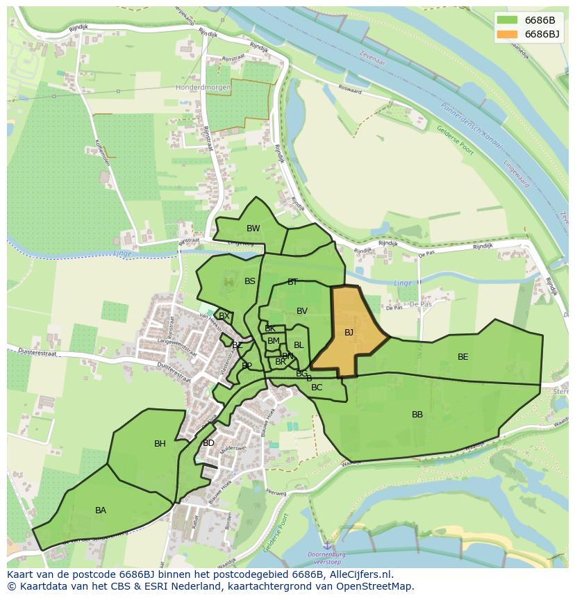 Afbeelding van het postcodegebied 6686 BJ op de kaart.