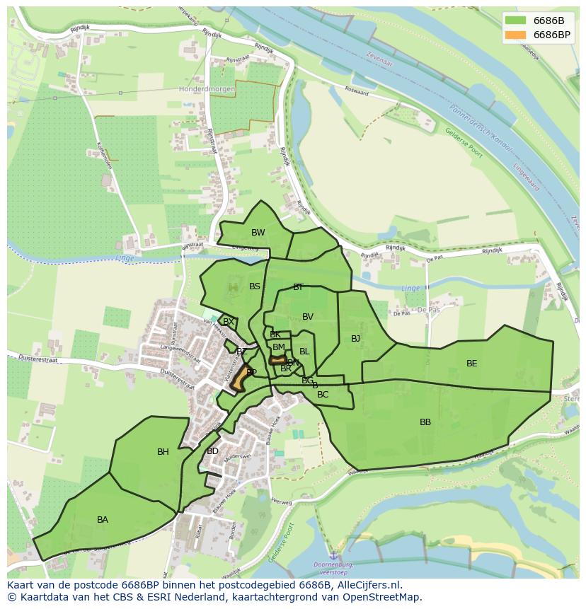 Afbeelding van het postcodegebied 6686 BP op de kaart.