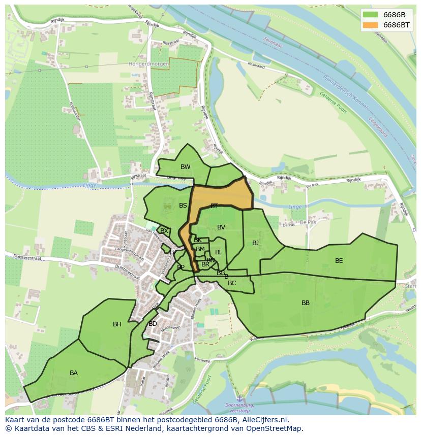 Afbeelding van het postcodegebied 6686 BT op de kaart.