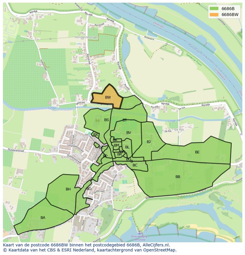 Afbeelding van het postcodegebied 6686 BW op de kaart.