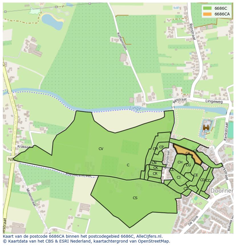 Afbeelding van het postcodegebied 6686 CA op de kaart.