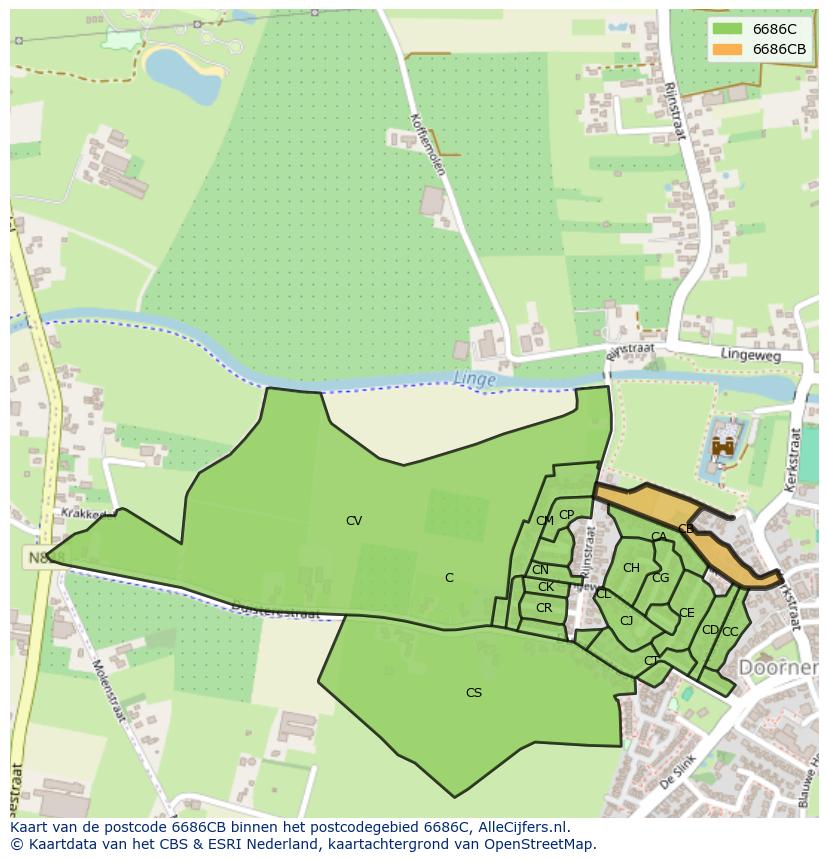 Afbeelding van het postcodegebied 6686 CB op de kaart.