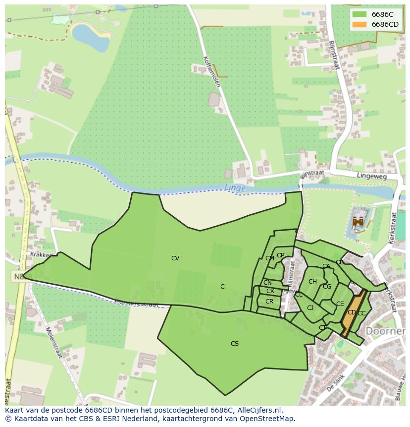 Afbeelding van het postcodegebied 6686 CD op de kaart.