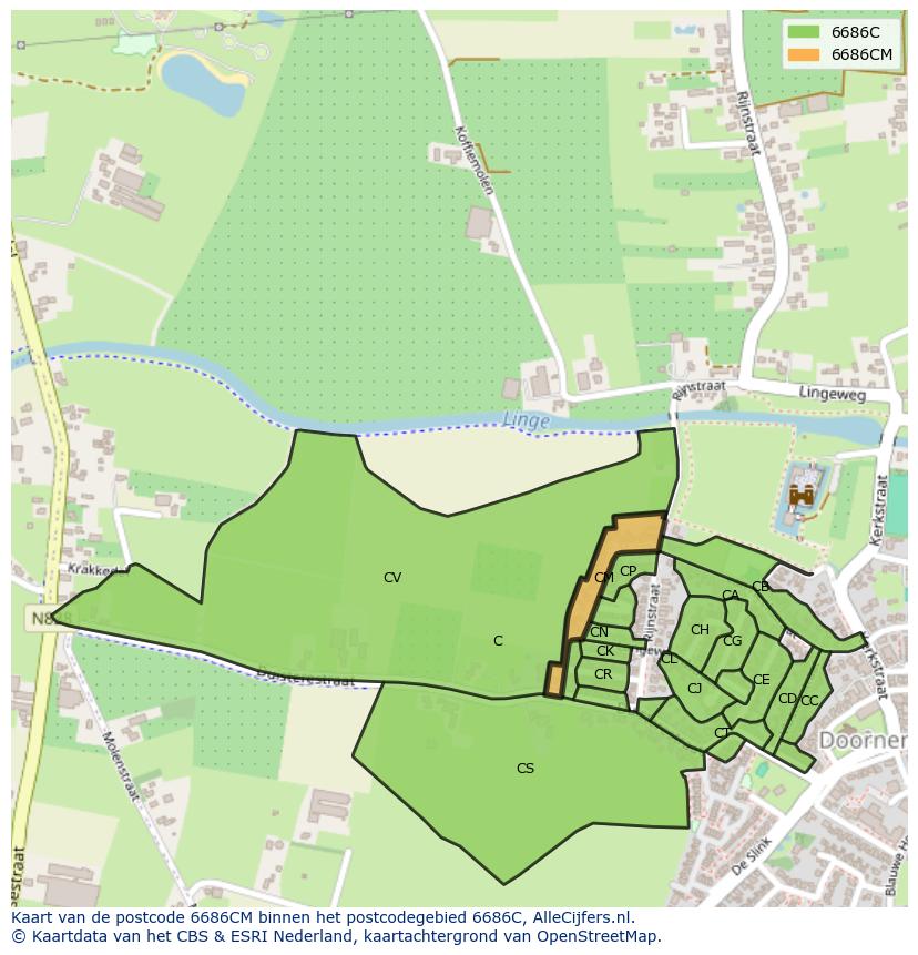 Afbeelding van het postcodegebied 6686 CM op de kaart.