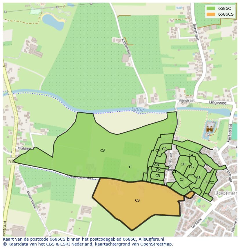 Afbeelding van het postcodegebied 6686 CS op de kaart.