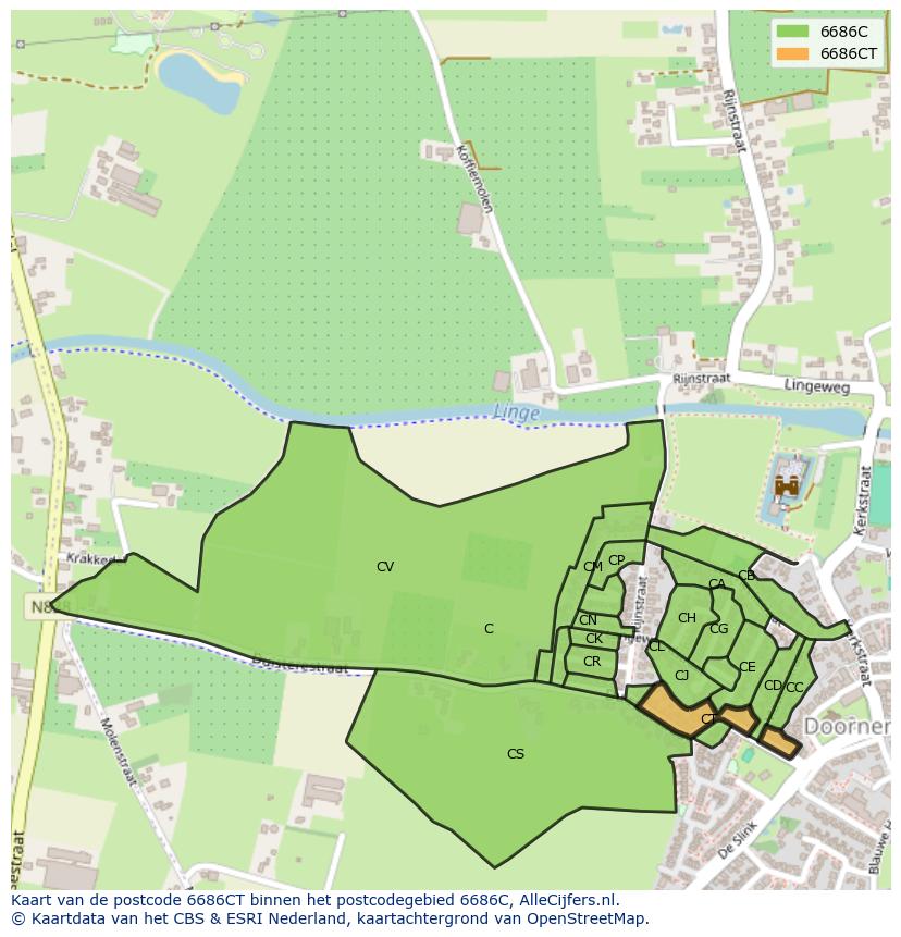 Afbeelding van het postcodegebied 6686 CT op de kaart.