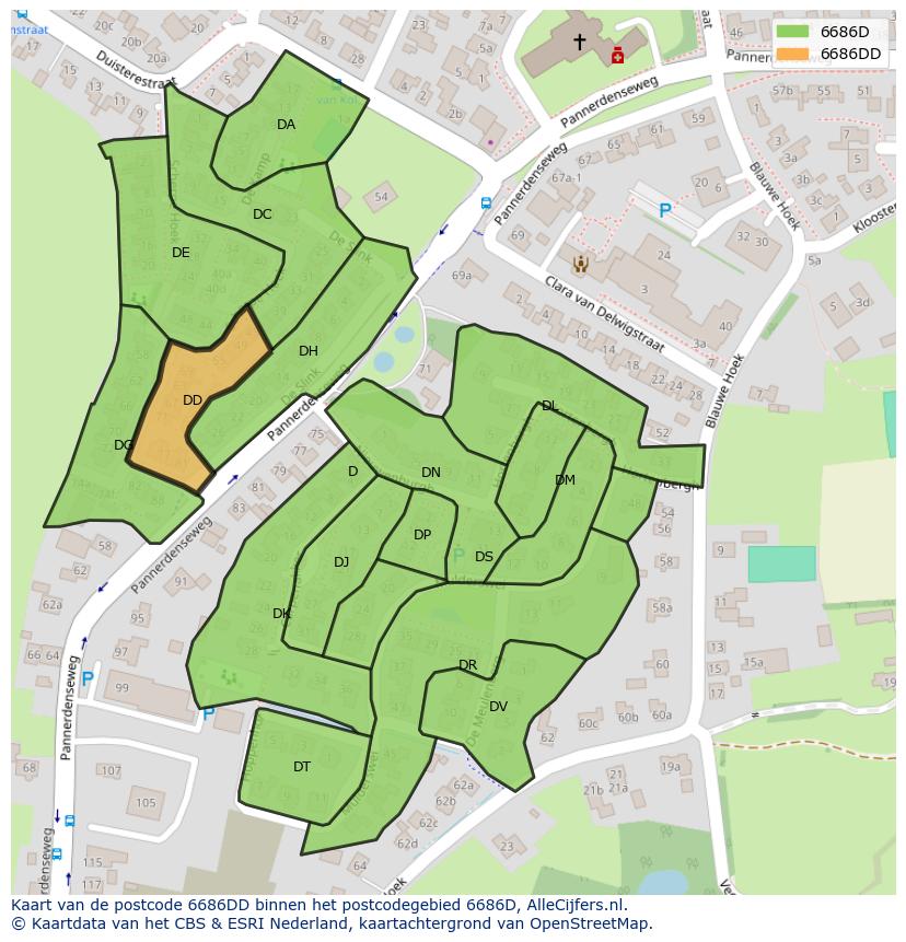 Afbeelding van het postcodegebied 6686 DD op de kaart.