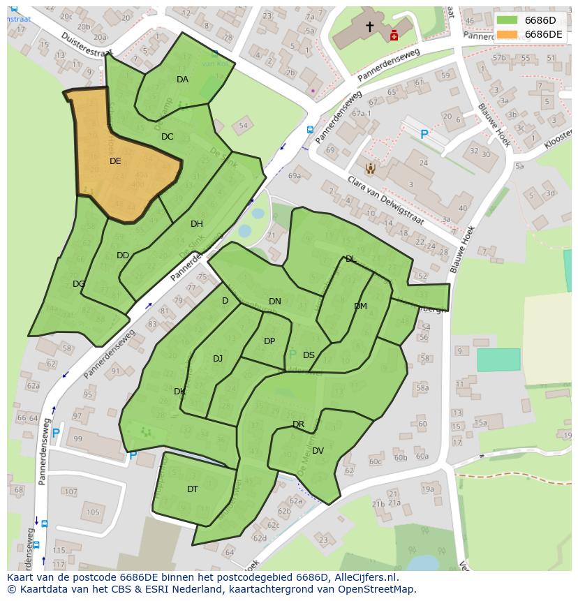 Afbeelding van het postcodegebied 6686 DE op de kaart.