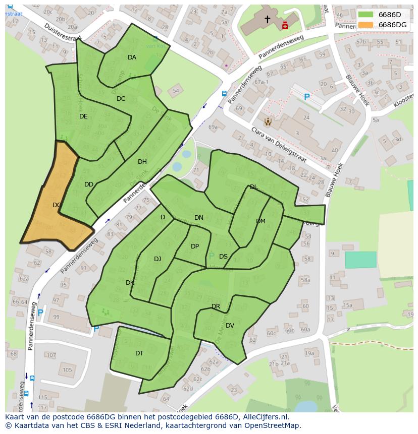 Afbeelding van het postcodegebied 6686 DG op de kaart.