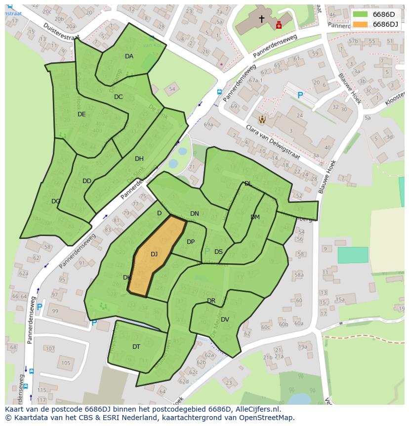 Afbeelding van het postcodegebied 6686 DJ op de kaart.