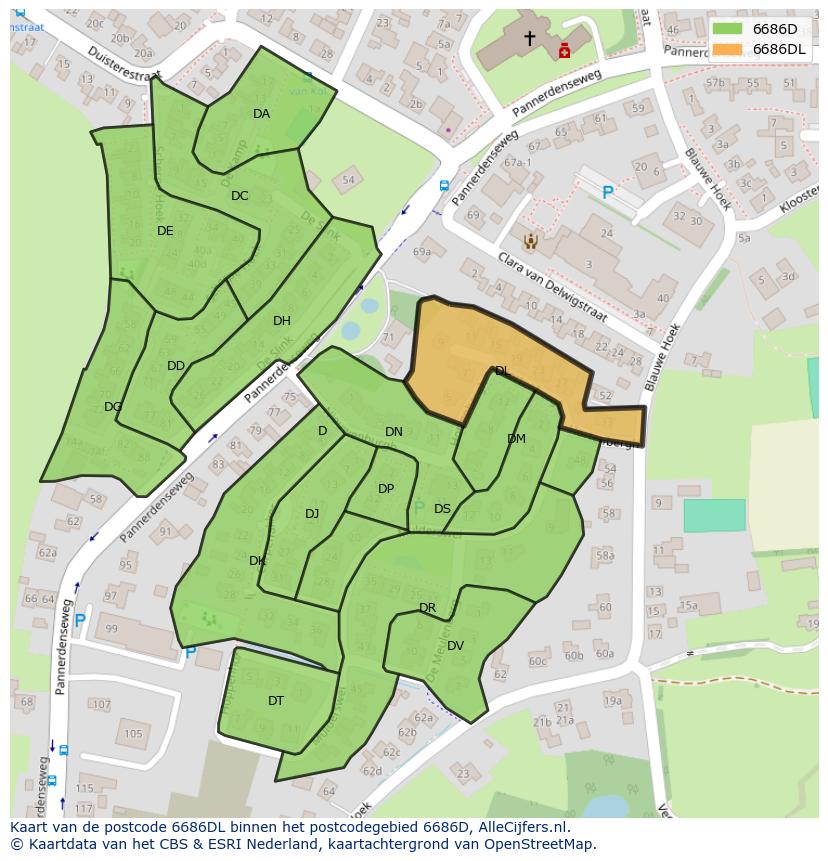 Afbeelding van het postcodegebied 6686 DL op de kaart.