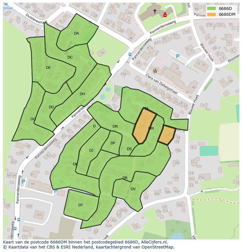 Afbeelding van het postcodegebied 6686 DM op de kaart.