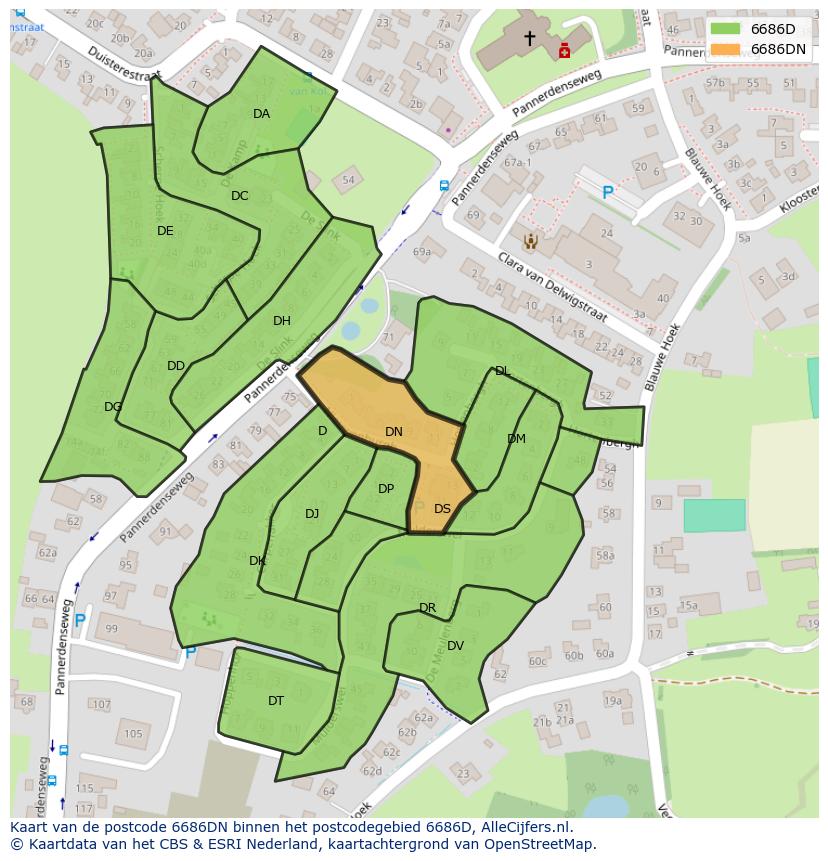 Afbeelding van het postcodegebied 6686 DN op de kaart.