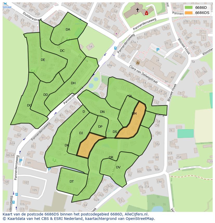 Afbeelding van het postcodegebied 6686 DS op de kaart.