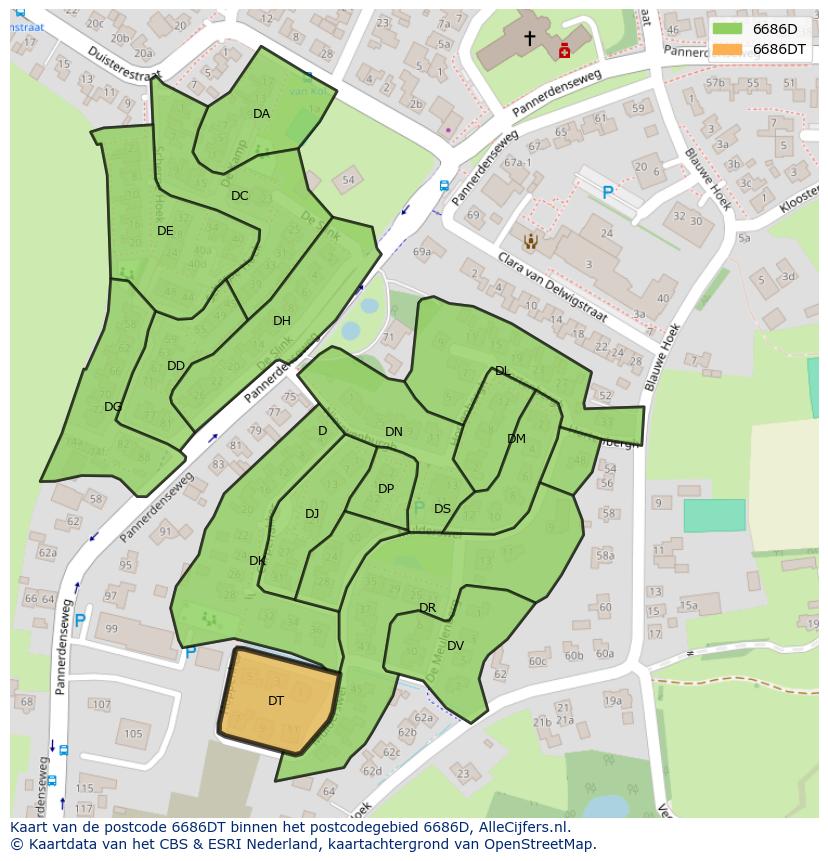 Afbeelding van het postcodegebied 6686 DT op de kaart.