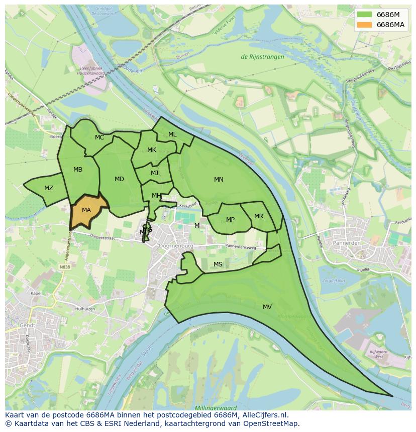 Afbeelding van het postcodegebied 6686 MA op de kaart.