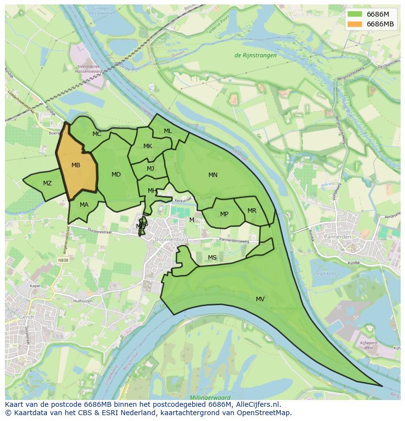 Afbeelding van het postcodegebied 6686 MB op de kaart.