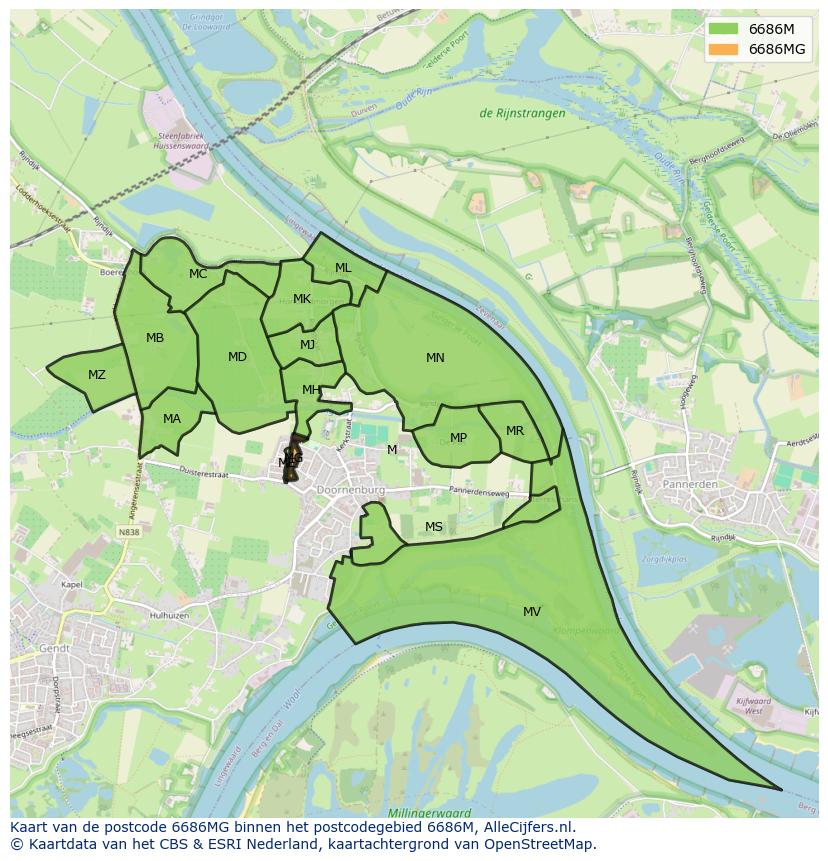 Afbeelding van het postcodegebied 6686 MG op de kaart.